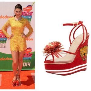 $1295 CHARLOTTE OLYMPIA seen on KIRA KOSARAN Cherry Red TEAM SPIRIT Wedge SANDAL